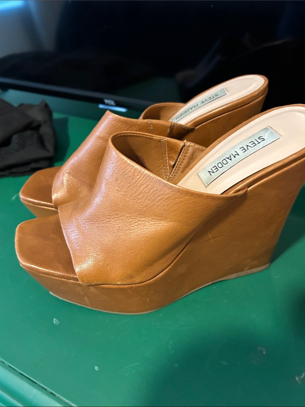 Steve Madden Cognac Leather Platform Wedge Sandals